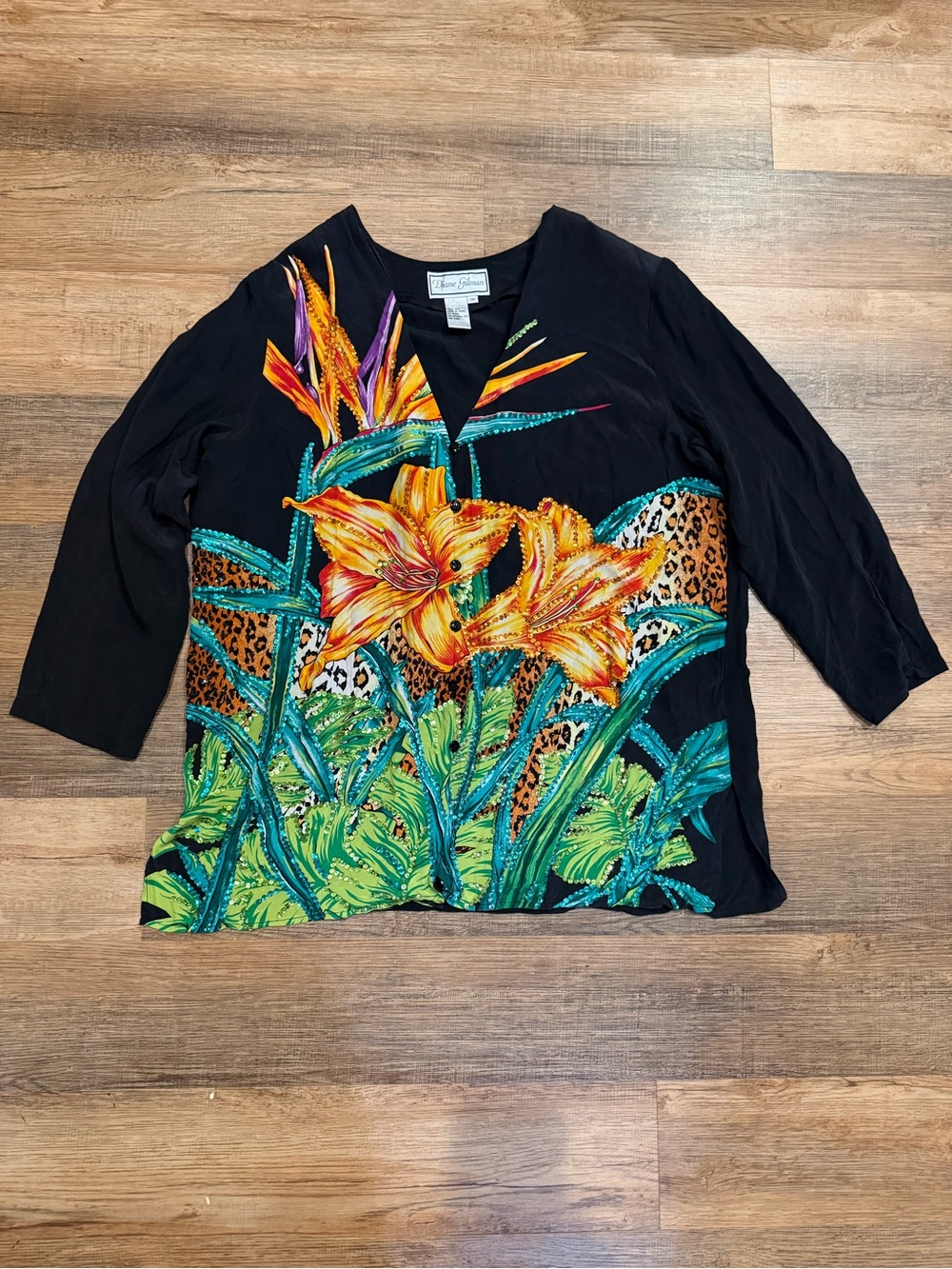 Vintage Diane Gilman Silk Sequins Tropical Blouse Birds Of Paradise Size 1X - Picture 3 of 6